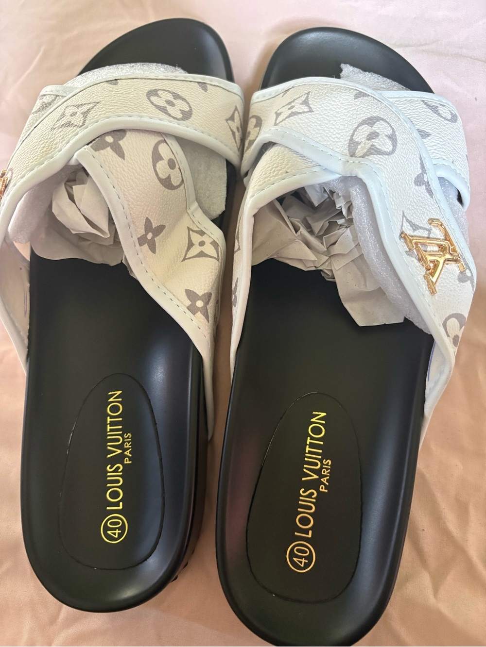 Louis Vuitton White Monogram Crossband Sandals with Gold Logo